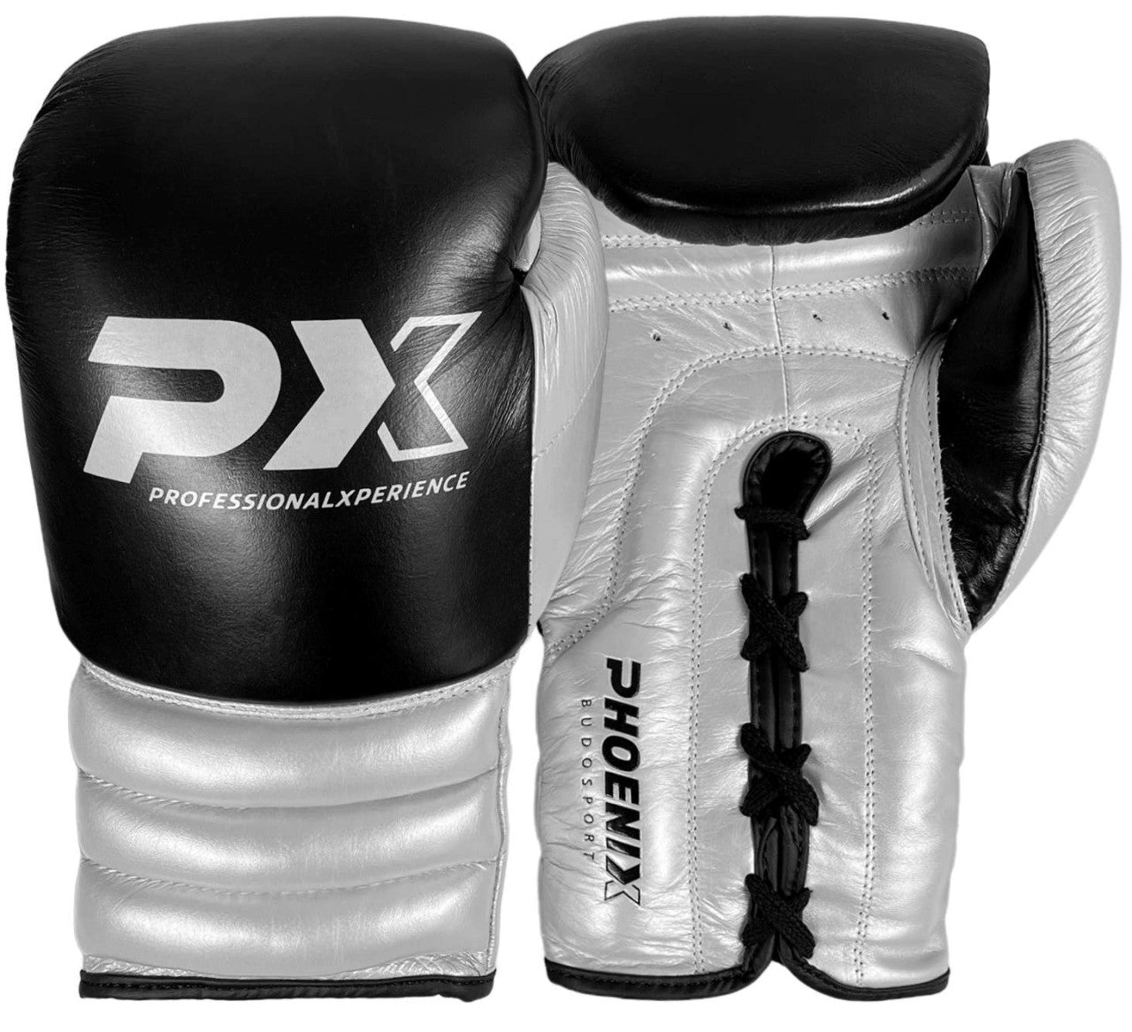 PX Wettkampf Boxhandschuhe Leder schwarz-silber – ergonomische Passform
