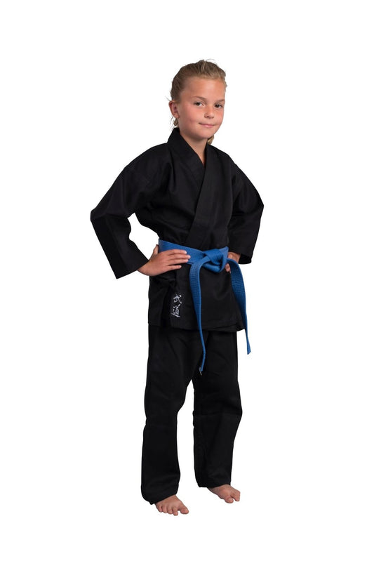 Ninjutsu Anzug Classic schwarz 8 oz - Ninjutsu Gi Set (Jacke, Hose mit Gummibund, weißer Gürtel) Einsteiger Anzug, Kinder, Erwachsene