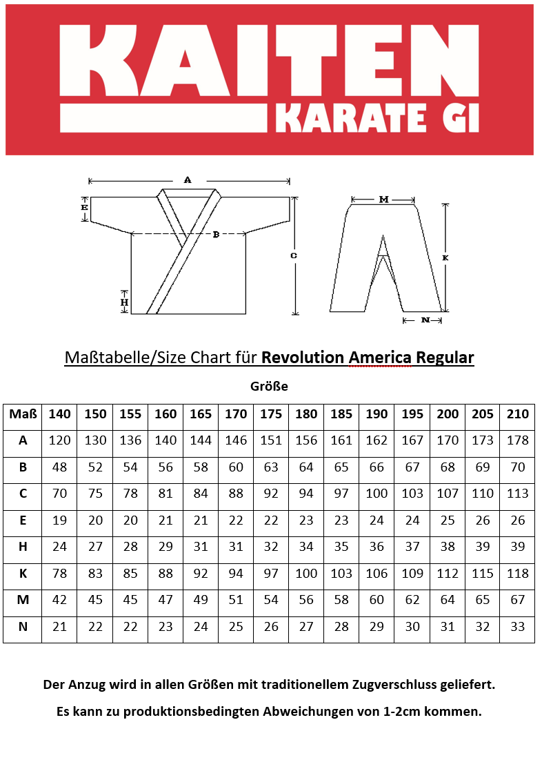 KAITEN Karateanzug America REGULAR - Karate Gi weiß 14 oz Baumwolle - Hose mit Zugverschluss