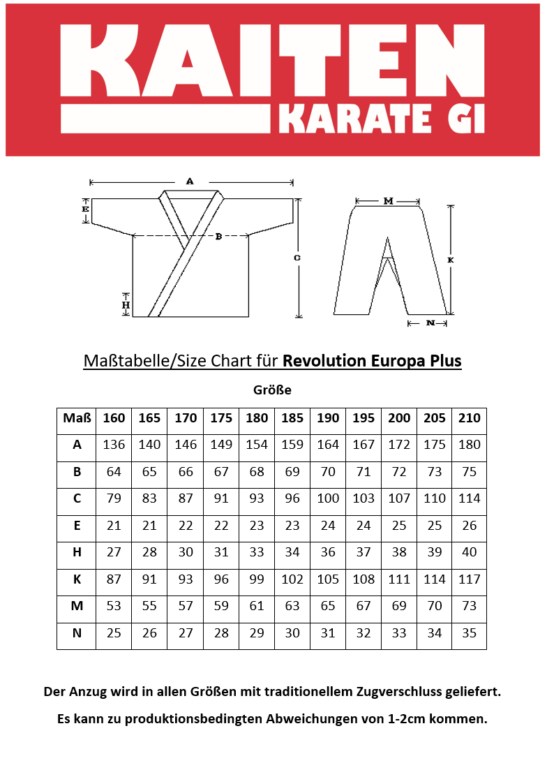 KAITEN Karateanzug Europa PLUS - Karate Gi weiß 11 oz Baumwolle - Weiter Schnitt - Hose mit Zugverschluss