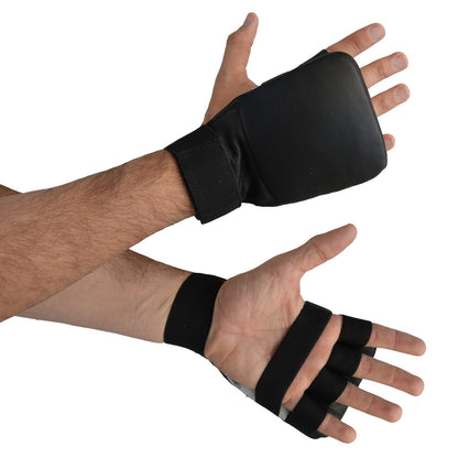 TEKKA BUDO Karate Faustschützer flach schwarz - Hand Mitt Echtleder - Fingerschlaufen mit Elastikband