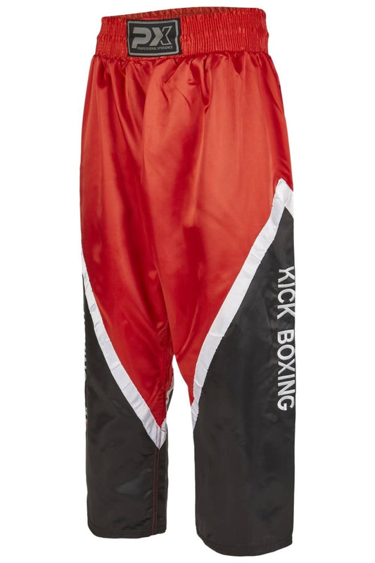 PX Kickboxhose schwarz-rot-weiss – weiter Schnitt für hohe Kicks, elastischer Bund mit Kordelzug