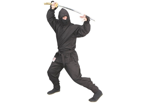 TEKKA BUDO Ninja Anzug schwarz 8 oz - 6 teiliges Set: Jacke, Hose, Kopfmaske, Kapuze, Armstulpen, Schwarzgurt - Ninjutsu Anzug