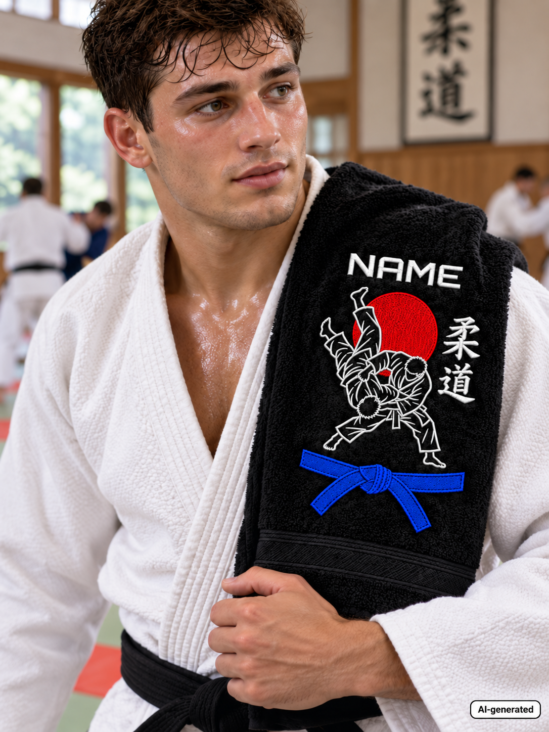 Judo-Handtuch bestickt - Personalisiert mit Namen und Gürtelgrad - Judo Stickerei Bestickung