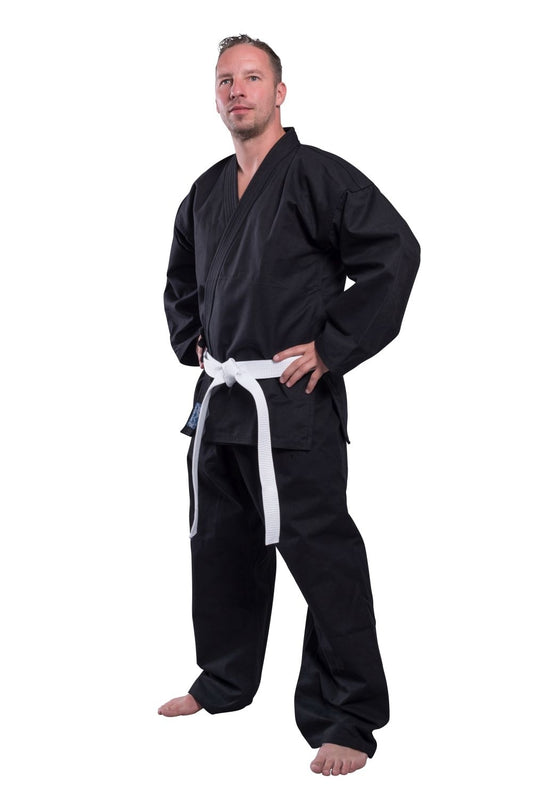 Ninjutsu Anzug Pro schwarz 12 oz schwer - Ninjutsu Gi Set (Jacke, Hose mit Gummibund, weißer Gürtel) 