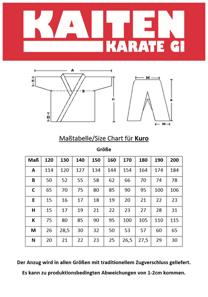 KAITEN Karateanzug Kuro - Karate Gi schwarz 9 oz Baumwolle - Moderner weiter Schnitt