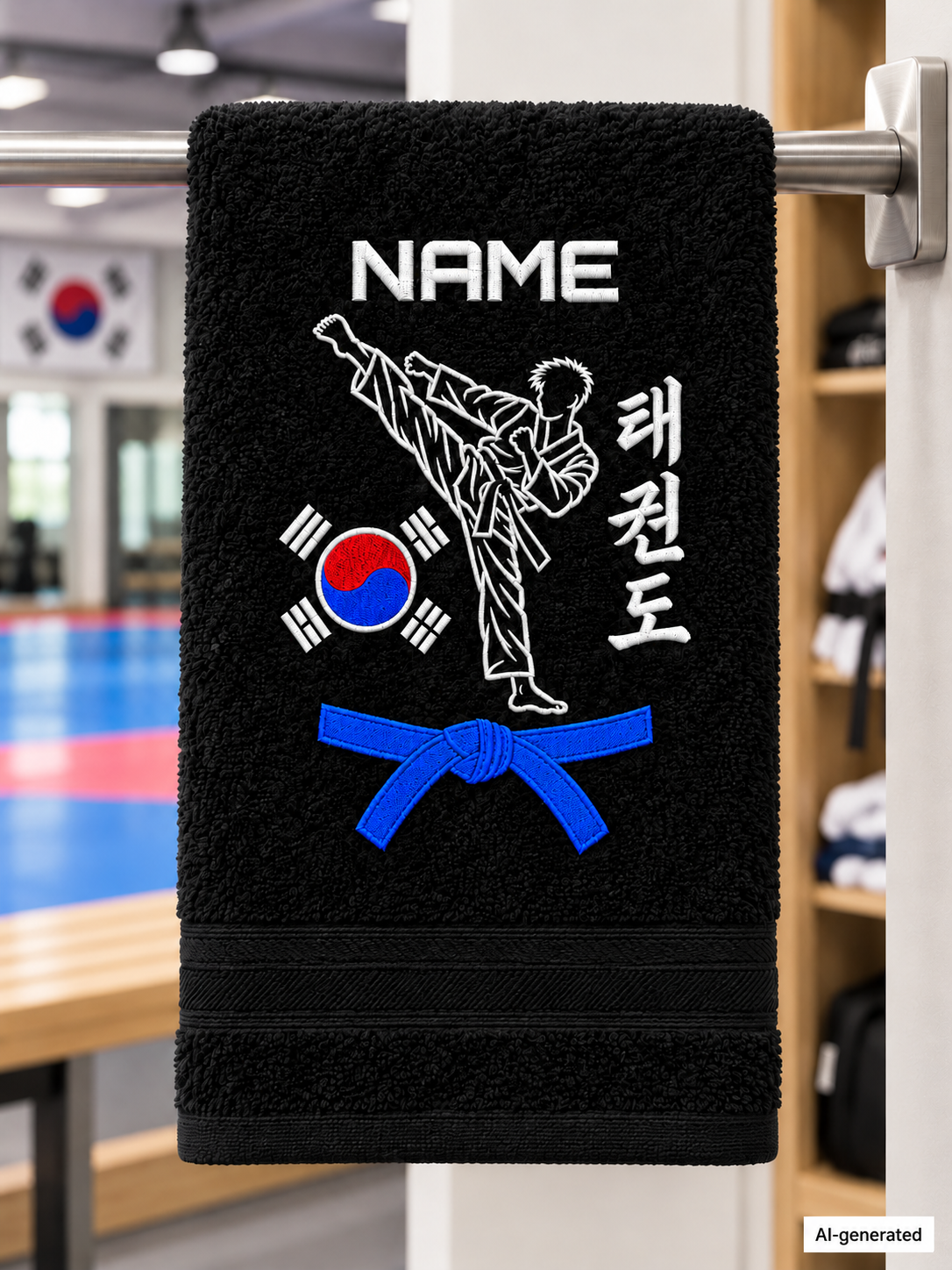 Taekwondo-Handtuch bestickt - Personalisiert mit Namen und Gürtelgrad - Taekwondo Stickerei Bestickung