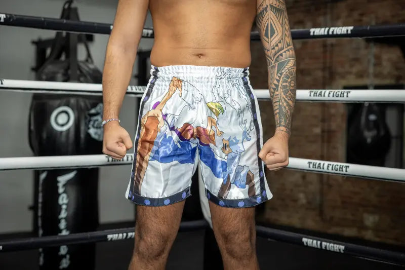 Anime Athletics Muay Thai Shorts HEARTBEAT weiß-schwarz - Thaibox Hose breiter Bund