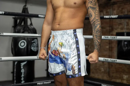Anime Athletics Muay Thai Shorts HEARTBEAT weiß-schwarz - Thaibox Hose breiter Bund
