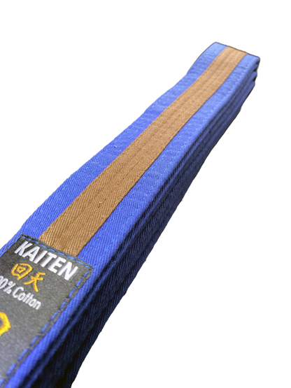 Kaiten Karategürtel Blau-Braun - 4 cm Breit - Farbgürtel 2-farbig Mittelstreifen - Länge 230 bis 325 cm
