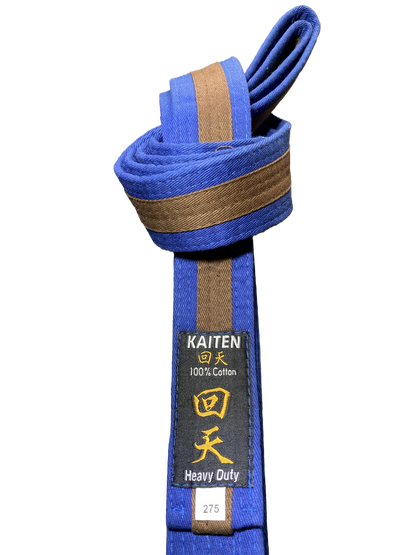 Kaiten Karategürtel Blau-Braun - 4 cm Breit - Farbgürtel 2-farbig Mittelstreifen - Länge 230 bis 325 cm