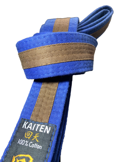 Kaiten Karategürtel Blau-Braun - 4 cm Breit - Farbgürtel 2-farbig Mittelstreifen - Länge 230 bis 325 cm