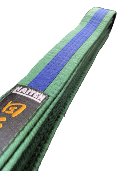 Kaiten Karategürtel Grün-Blau - 4 cm Breit - Farbgürtel 2-farbig Mittelstreifen - Länge 230 bis 325 cm
