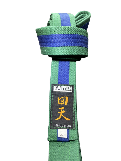 Kaiten Karategürtel Grün-Blau - 4 cm Breit - Farbgürtel 2-farbig Mittelstreifen - Länge 230 bis 325 cm