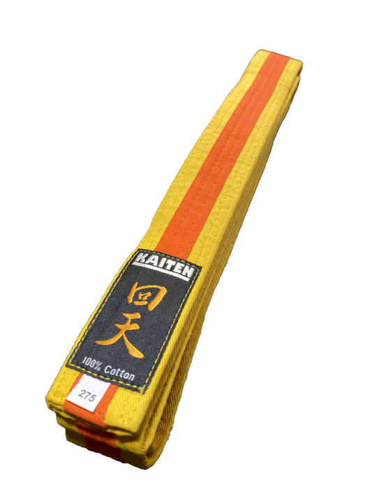 Kaiten Karategürtel Gelb-Orange - 4 cm Breit - Farbgürtel 2-farbig Mittelstreifen - Länge 230 bis 325 cm