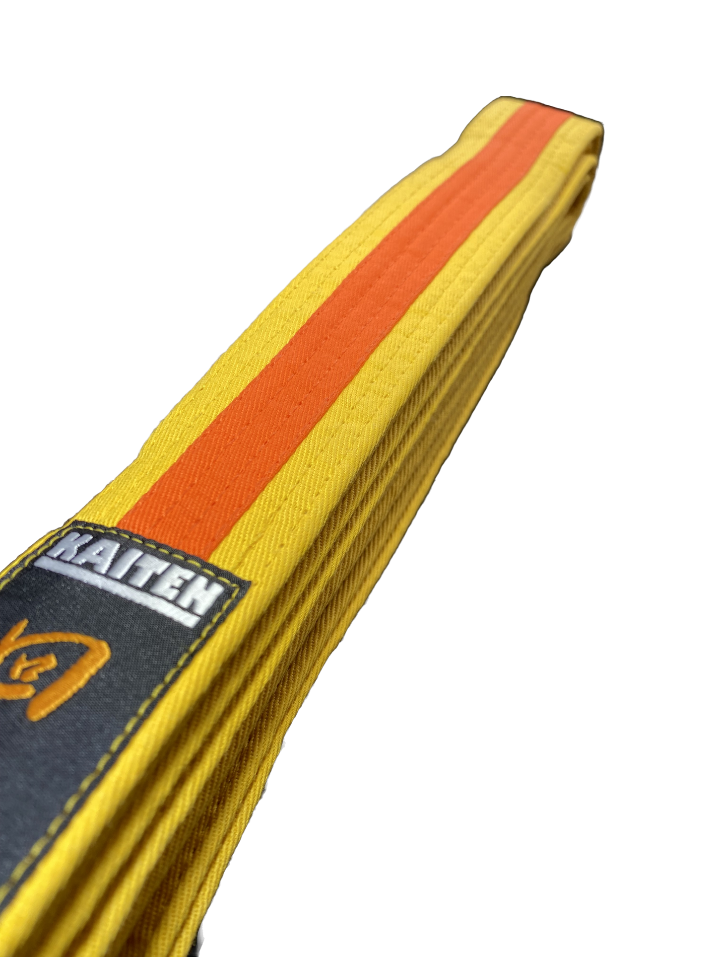 Kaiten Karategürtel Gelb-Orange - 4 cm Breit - Farbgürtel 2-farbig Mittelstreifen - Länge 230 bis 325 cm