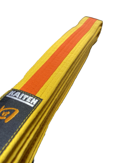 Kaiten Karategürtel Gelb-Orange - 4 cm Breit - Farbgürtel 2-farbig Mittelstreifen - Länge 230 bis 325 cm