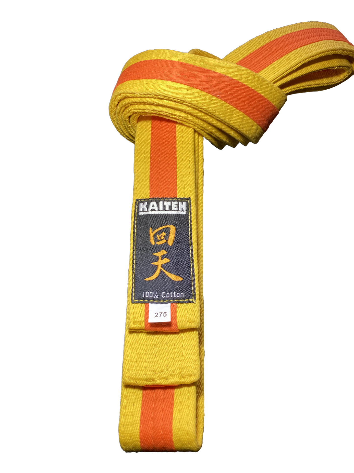 Kaiten Karategürtel Gelb-Orange - 4 cm Breit - Farbgürtel 2-farbig Mittelstreifen - Länge 230 bis 325 cm