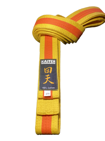 Kaiten Karategürtel Gelb-Orange - 4 cm Breit - Farbgürtel 2-farbig Mittelstreifen - Länge 230 bis 325 cm