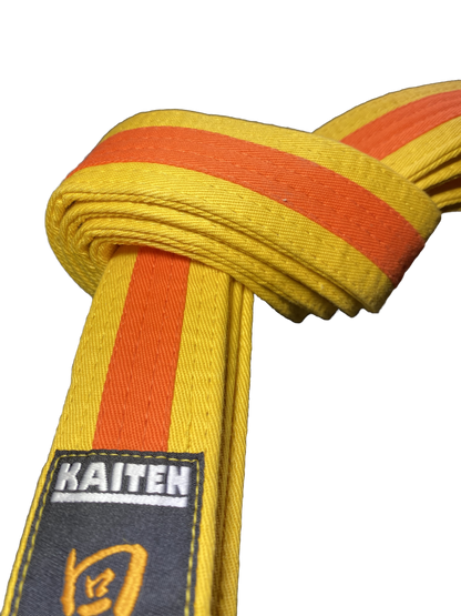 Kaiten Karategürtel Gelb-Orange - 4 cm Breit - Farbgürtel 2-farbig Mittelstreifen - Länge 230 bis 325 cm
