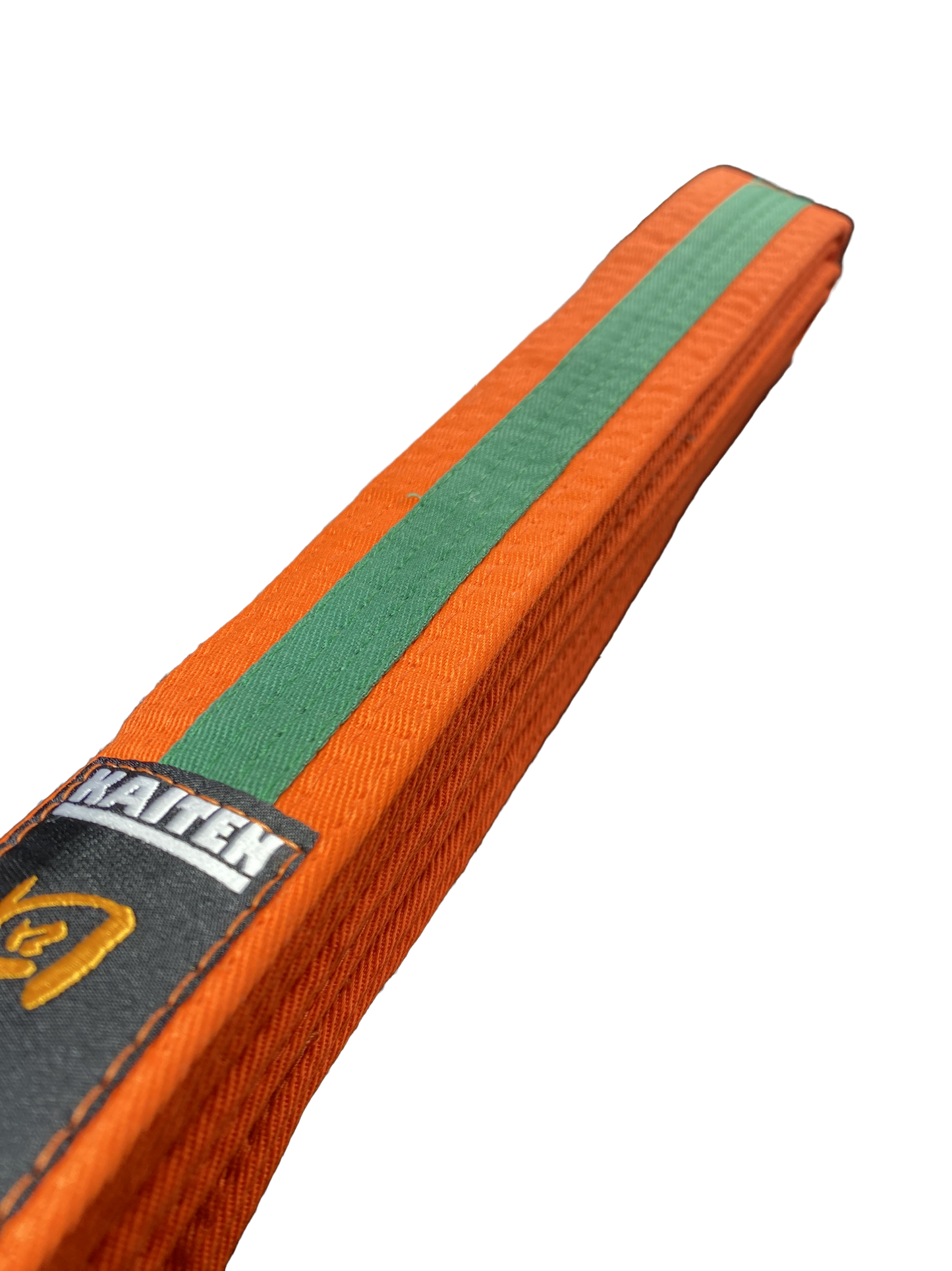 Kaiten Karategürtel Orange-Grün - 4 cm Breit - Farbgürtel 2-farbig Mittelstreifen - Länge 230 bis 325 cm