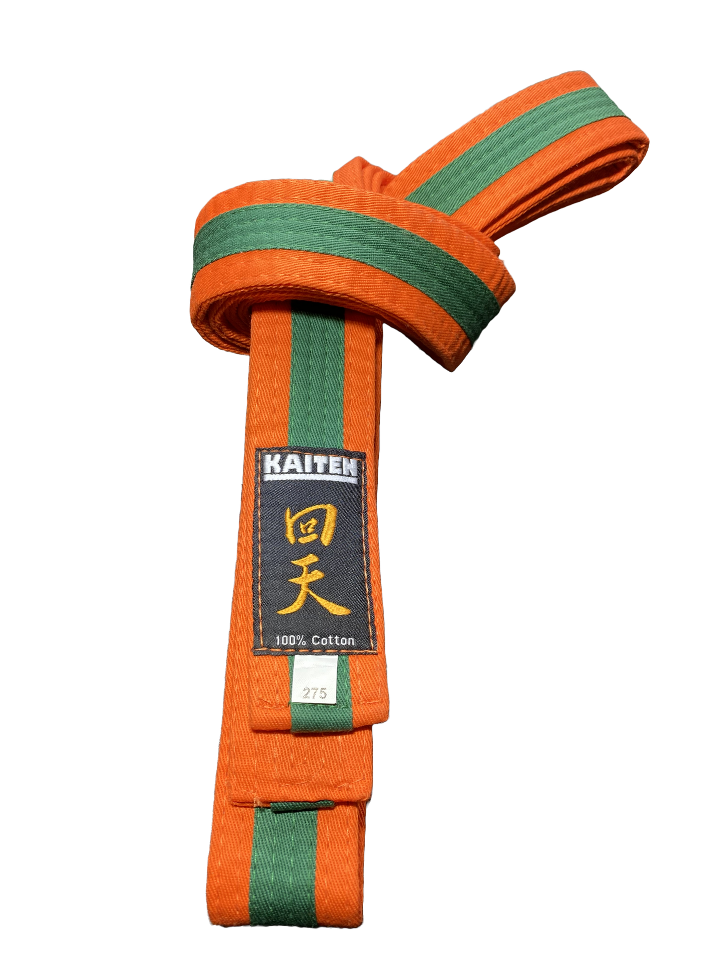 Kaiten Karategürtel Orange-Grün - 4 cm Breit - Farbgürtel 2-farbig Mittelstreifen - Länge 230 bis 325 cm
