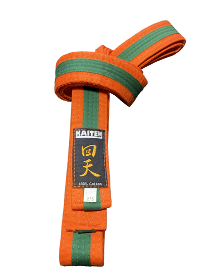Kaiten Karategürtel Orange-Grün - 4 cm Breit - Farbgürtel 2-farbig Mittelstreifen - Länge 230 bis 325 cm