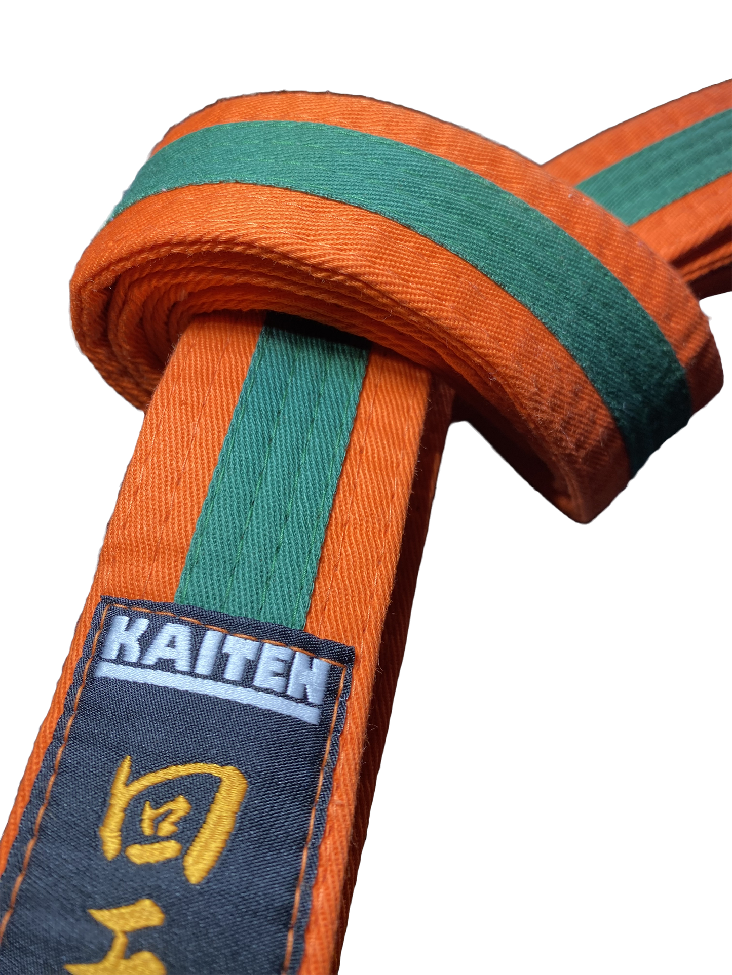 Kaiten Karategürtel Orange-Grün - 4 cm Breit - Farbgürtel 2-farbig Mittelstreifen - Länge 230 bis 325 cm
