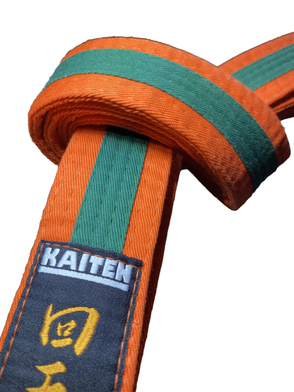 Kaiten Karategürtel Orange-Grün - 4 cm Breit - Farbgürtel 2-farbig Mittelstreifen - Länge 230 bis 325 cm