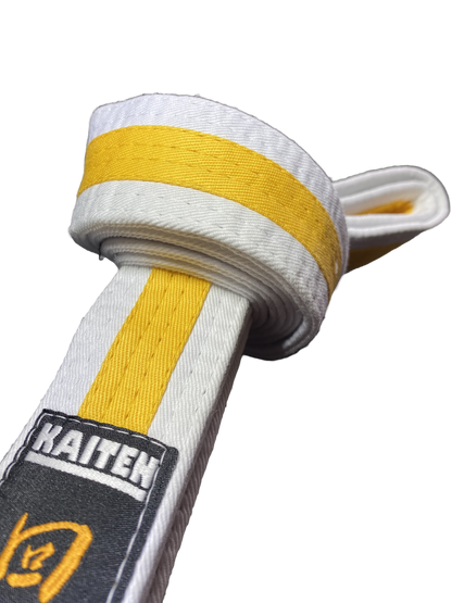 Kaiten Karategürtel Weiß-Gelb - 4 cm Breit - Farbgürtel 2-farbig Mittelstreifen - Länge 230 bis 325 cm