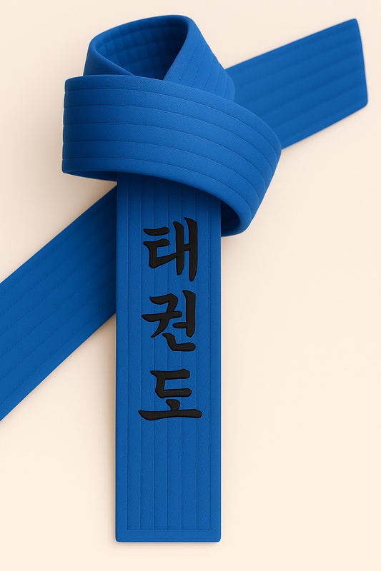 Taekwondo Gürtel Blau bestickt - TKD Schriftzeichen koreanisch - Blaugurt mit Kanji Bestickung